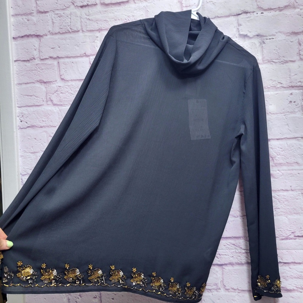 NEW ZARA Beadwork Hem Sheer Cowl Neck Blouse S Black‎ Coquette Whimsigoth Dark - Picture 3 of 11